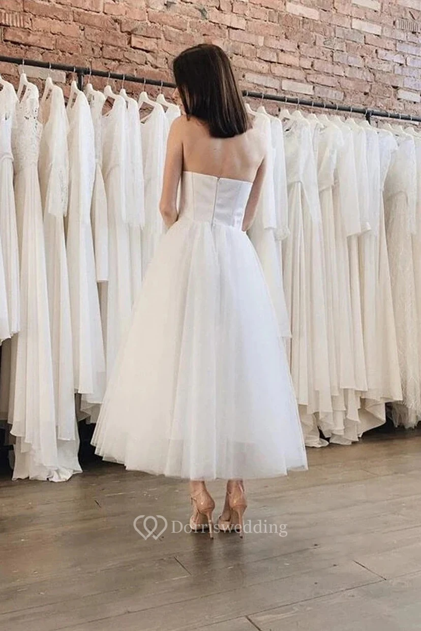 Simple Ankle-length Strapless A-line Wedding Dress with Tulle Skirt view 2