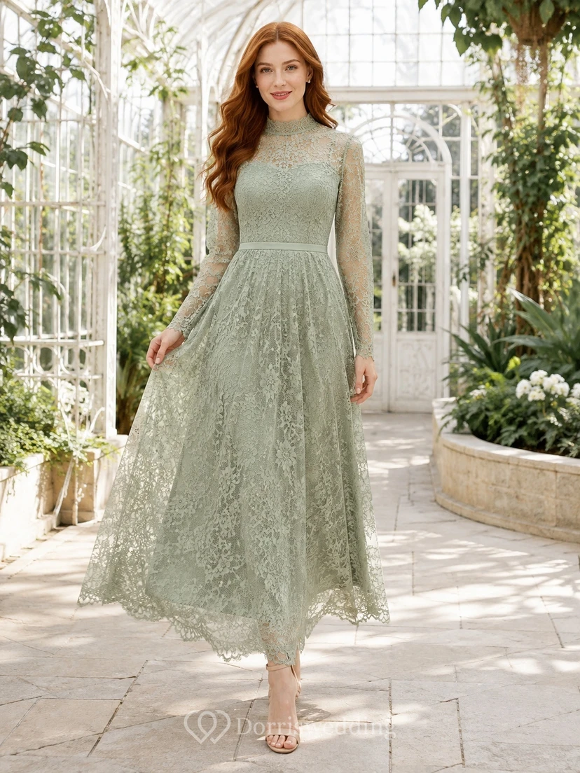 Robe d'invitée de jardin en dentelle sauge, col montant, manches longues, coupe trapèze, longueur thé