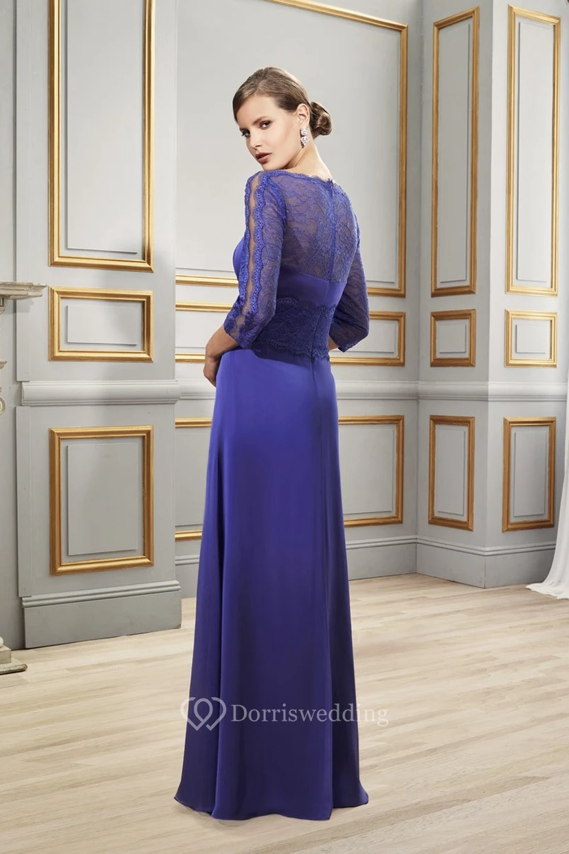Etuikleid mit drapiertem Rundhalsausschnitt, 3-4 Ärmeln, langem Tüll und Satin, formelles Kleid mit Spitze view 2