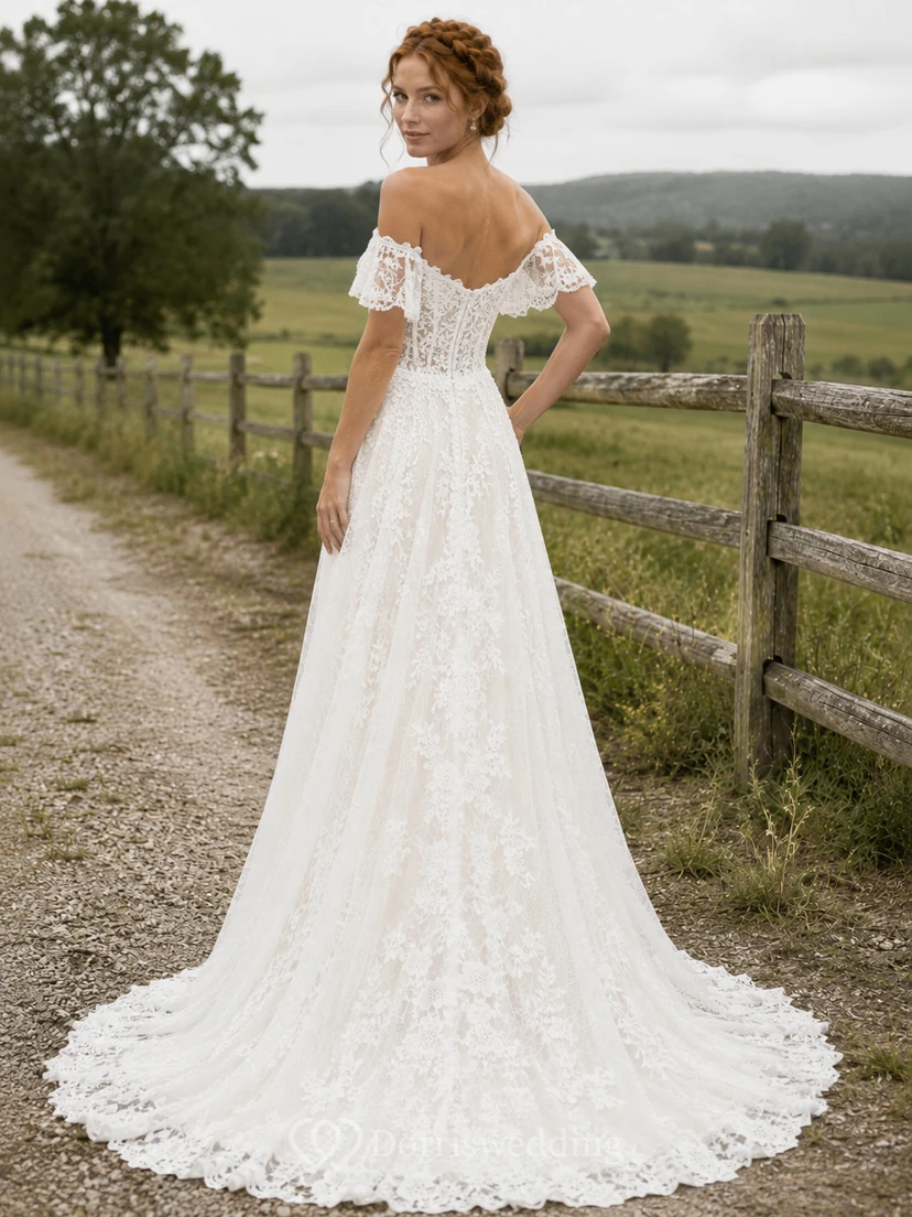 Country Tulle Wedding Dress A-Line Off Shoulder Puff Sleeve Chapel Train Lace-Up Corset Back Bridal Gown view 2