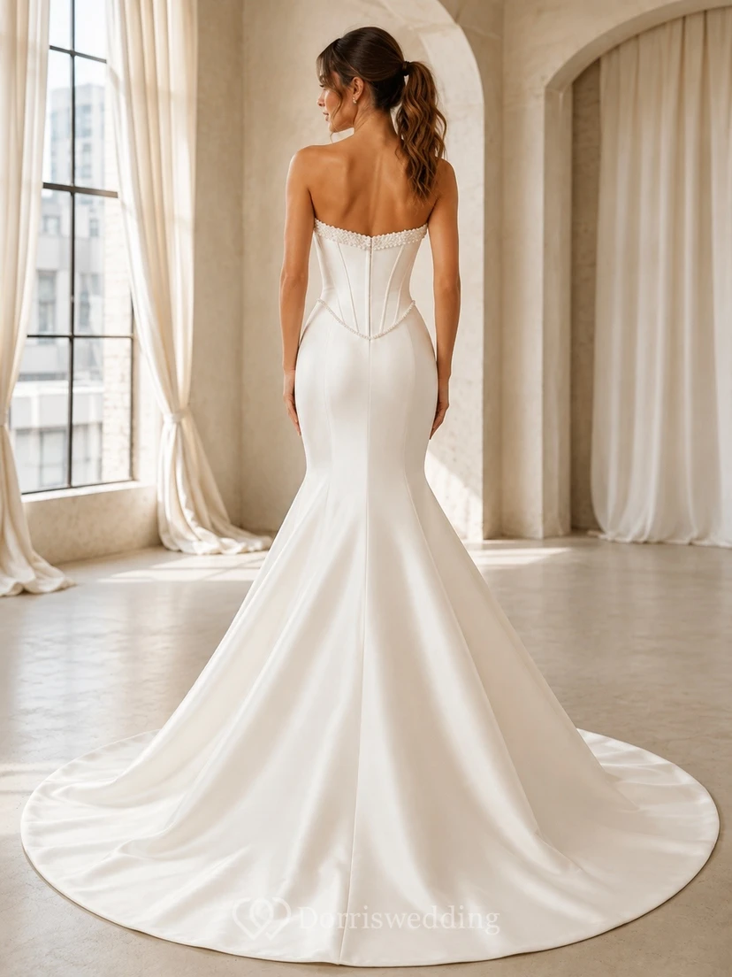 Vestido de novia sencillo estilo sirena sin tirantes con cintura en forma de U y corte vasco view 2