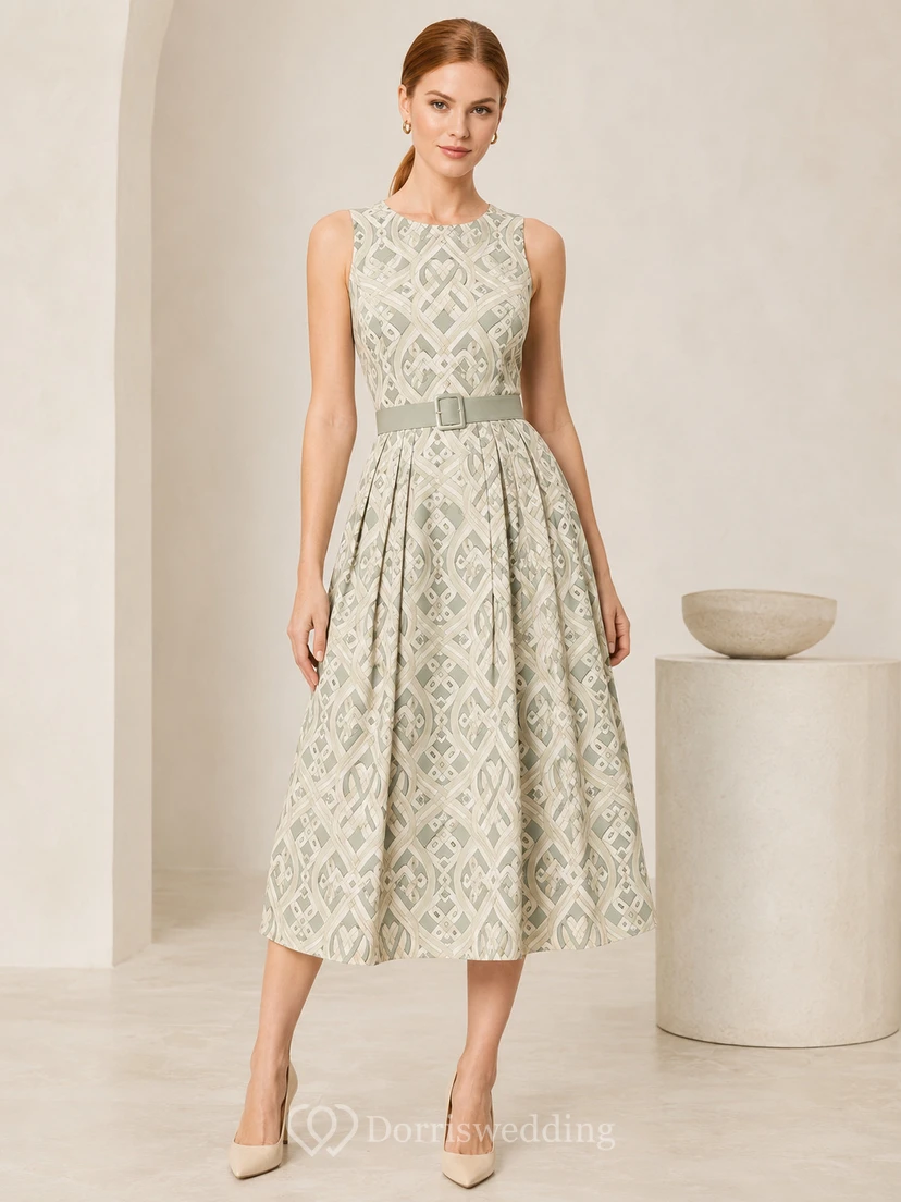 Sage Monogram Inspired Sleeveless Bateau A-Line Midi Dress