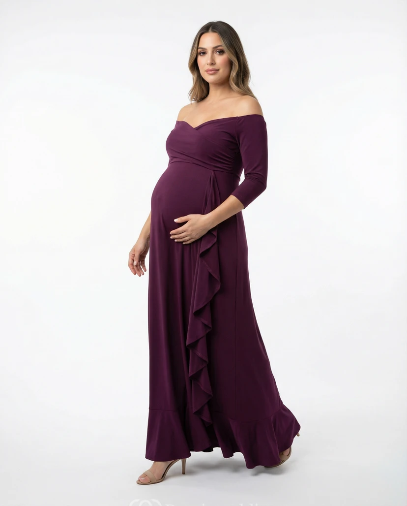 Plum Off-Shoulder Maternity Evening Dress with 3/4 Sleeves, Side Ruffles & Floor-Length Skirt