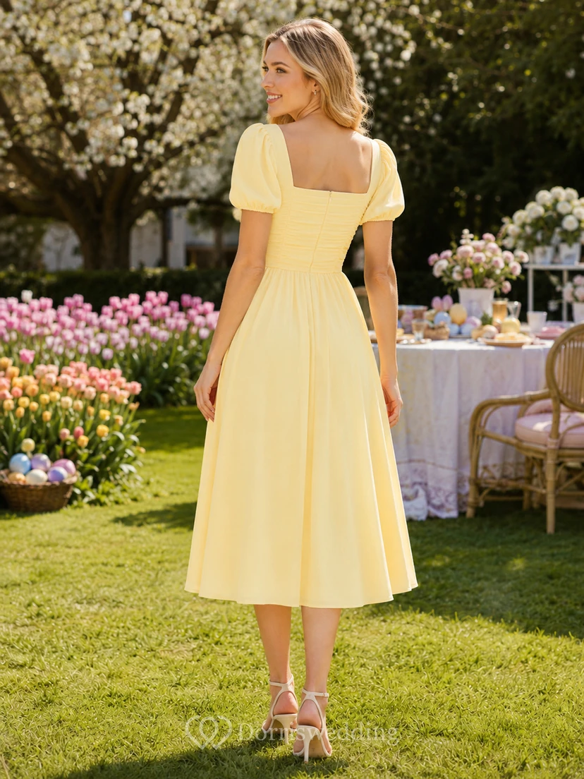 Pastel Yellow Square Neck Puff Sleeve A Line Brunch Dress view 2