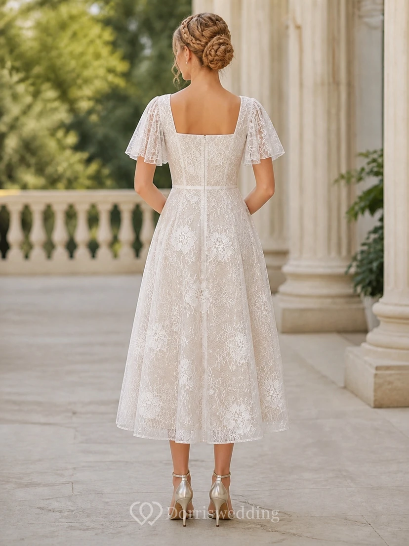 Schlichtes, teelanges Brautkleid mit eckigem Ausschnitt, flatternden Ärmeln und floraler Spitze view 2