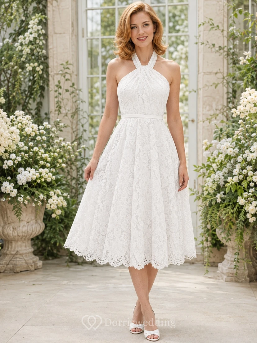 White Lace Halter Sleeveless A-Line Tea-length Scalloped Romantic Elegant Garden Dress
