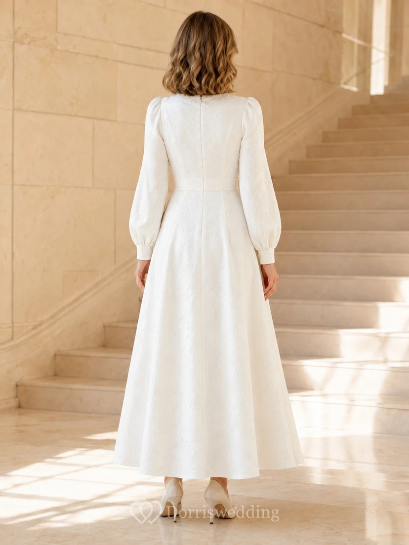 Elegant Satin Square Neck Long Sleeve A-Line Wedding Gown Dress view 2
