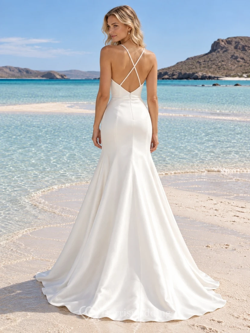 Vestido de novia de satén con escote cuadrado, tirantes cruzados en la espalda y falda de sirena. view 2