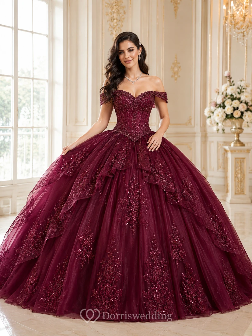 Burgundy Luxury Off Shoulder Layered Lace Glitter Tulle Princess Quinceanera Ball Gown