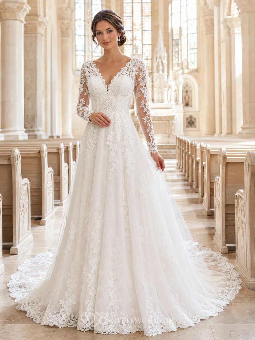 Elegante vestido de novia de corte A con encaje y mangas largas