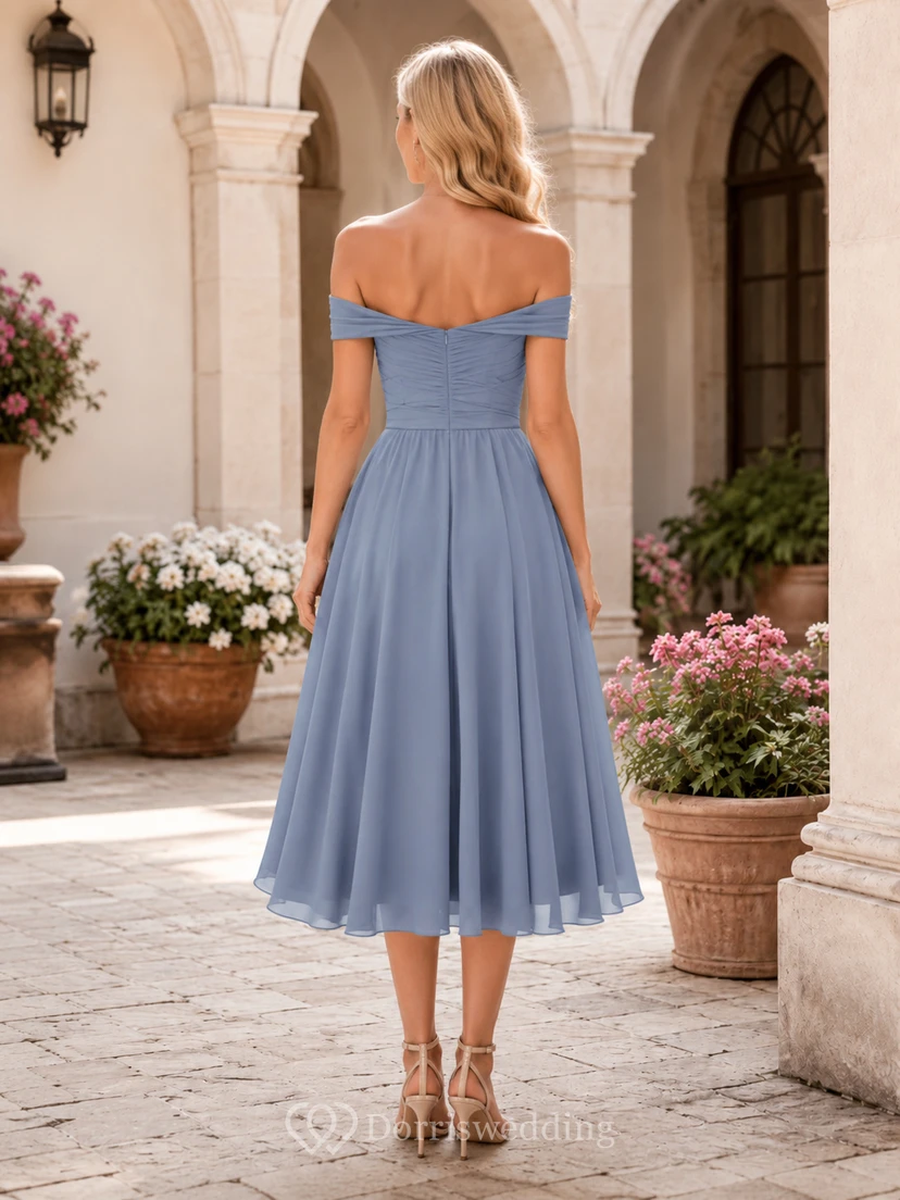 Steel Blue Sleek Chiffon Sheath V-neck Knee Length Cocktail Dress view 2