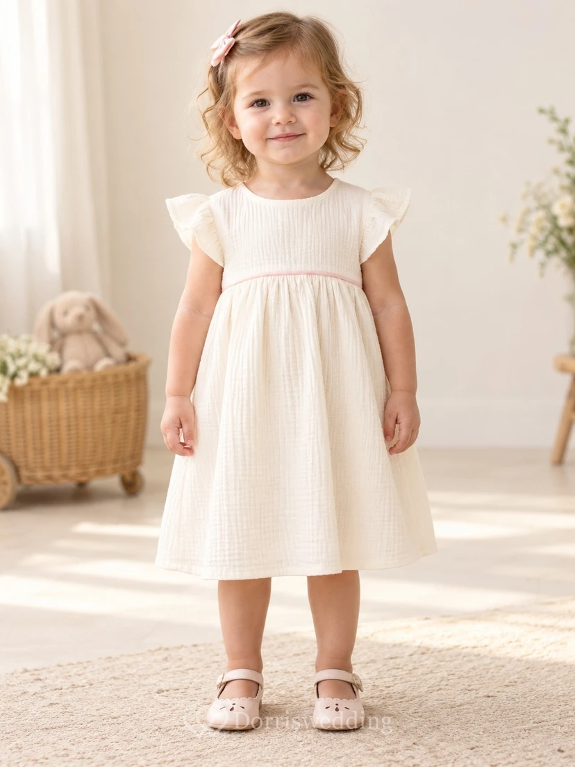Simple Modest Ivory Knee Length Empire Pink Piped Compact Flutter Sleeve Flower Girl Dress view 2