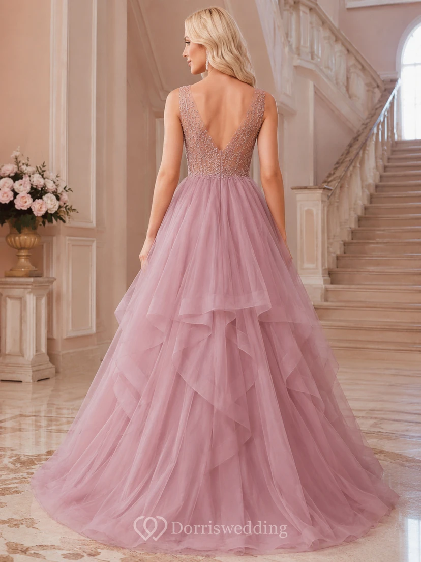 Vintage-Mauvefarbenes, gestuftes Tüll-Abendkleid in A-Linie mit V-Ausschnitt für den Empfang view 2