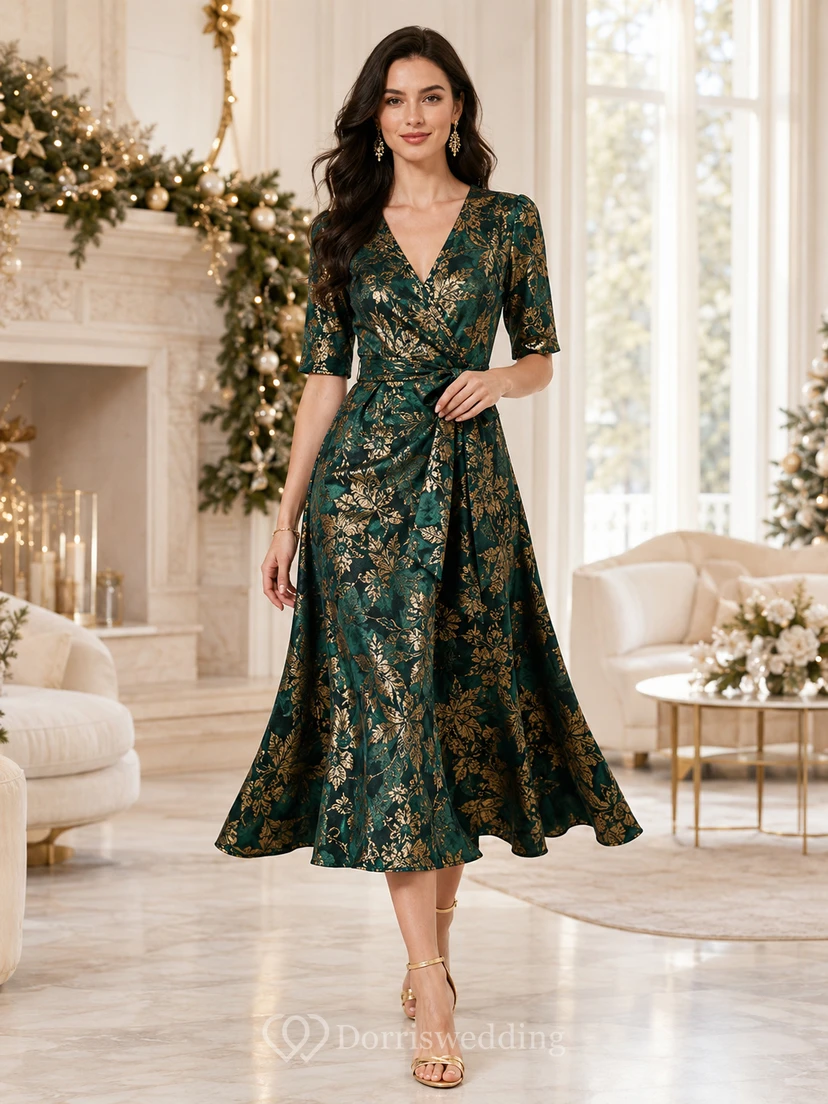 Dark Green V Neck Half Sleeve Gold Jacquard Wrap Tea Guest Dress