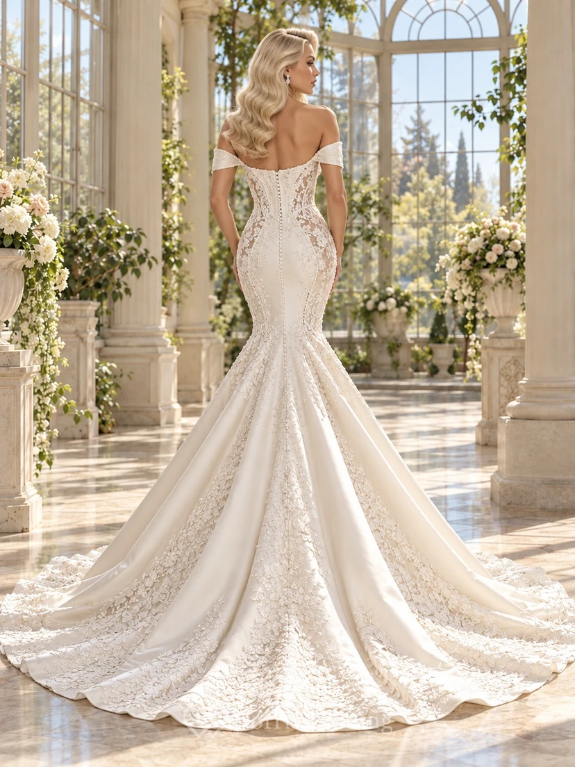 Mermaid Off Shoulder Corset Panel Lace Satin Train Wedding Dress view 2
