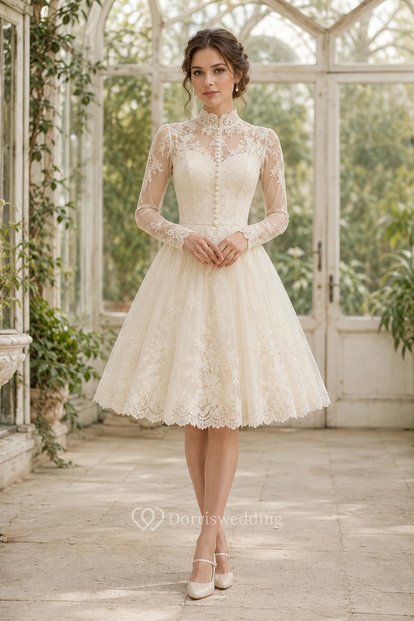 Robe de mariée mi-longue en dentelle à manches courtes et jupe en tulle souple