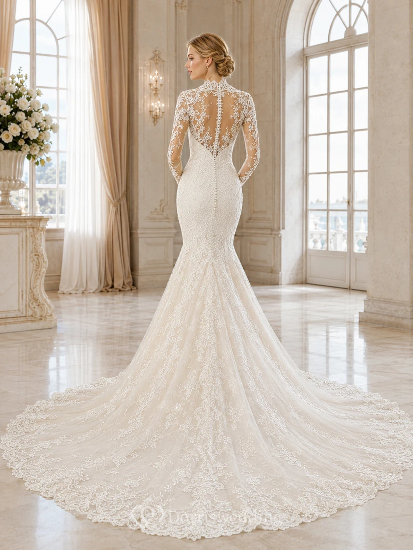 Robe de mariée sirène en dentelle à manches longues et col montant, avec boutons illusion et traîne chapelle view 2