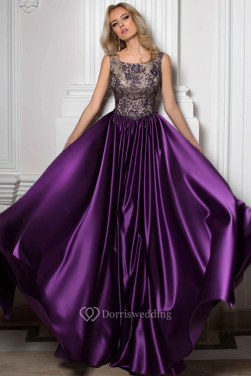 A-Line Floor-Length Scoop Sleeveless Satin Beading Pleats Low-V Back Dress