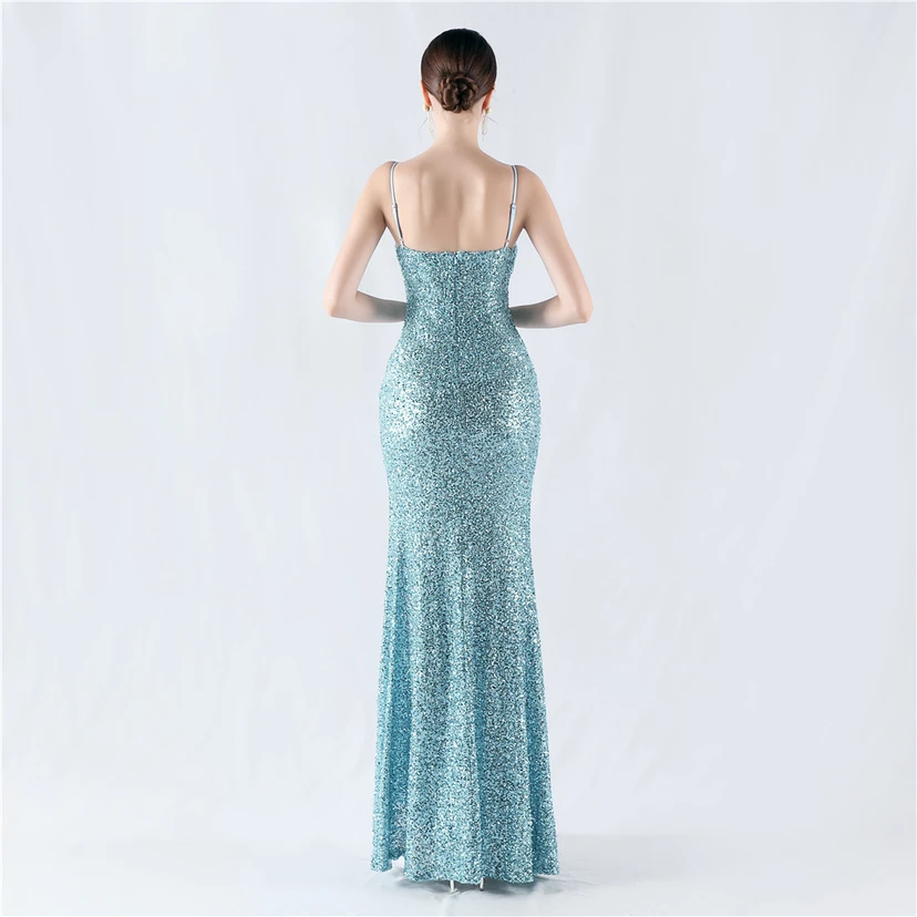 Robe de soirée sexy à sequins et fente haute, avec bretelles et encoche cryptée view 42
