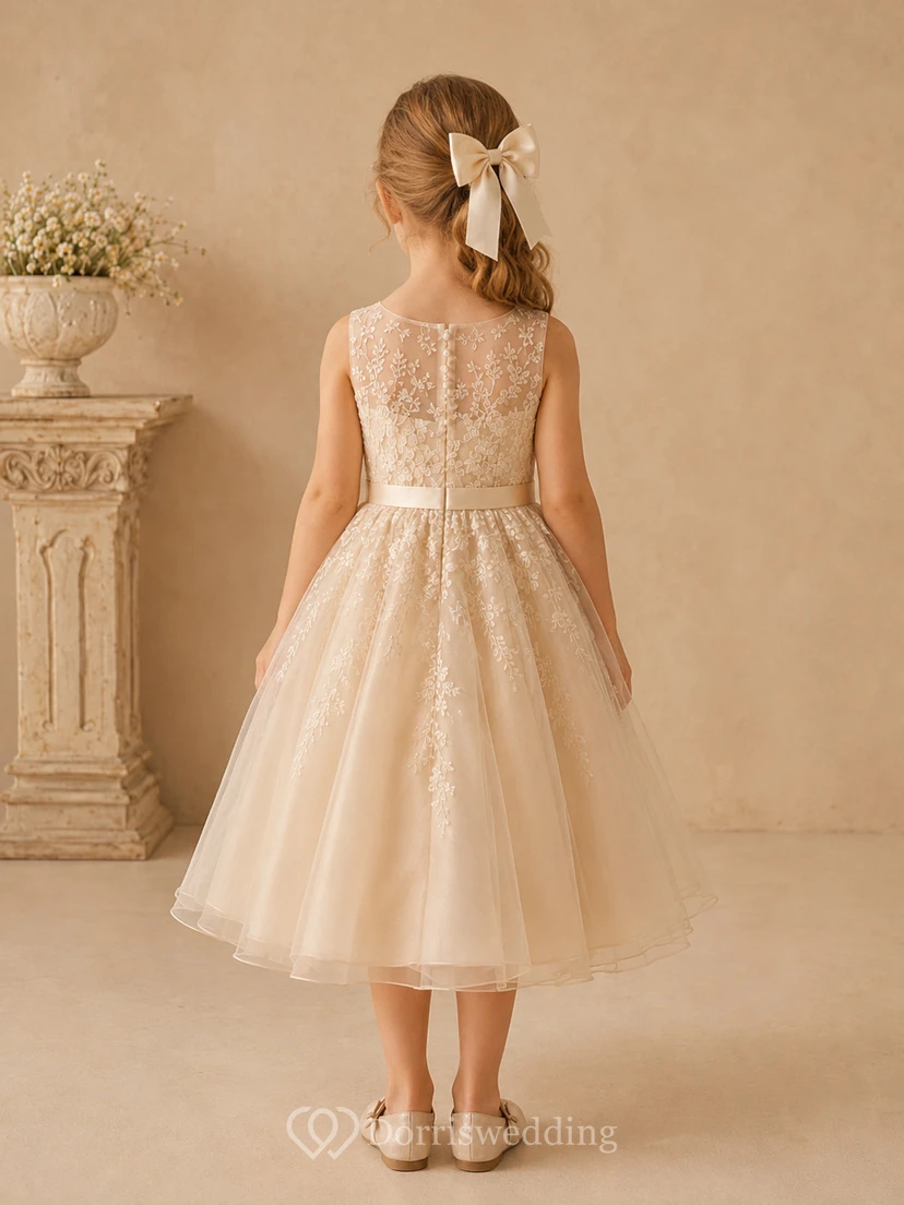 Robe de demoiselle d'honneur en tulle et dentelle, coupe trapèze, manches courtes, col rond et jupe mi-longue. view 2
