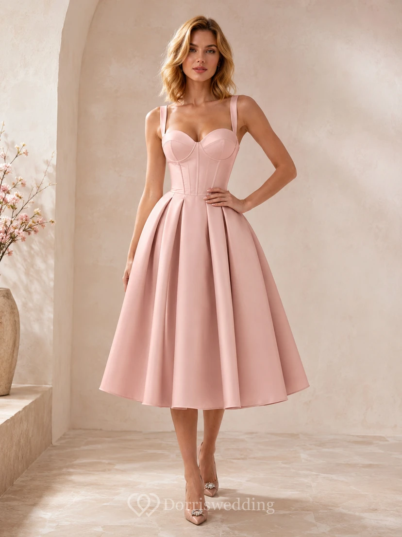 Romantisches, herzförmiges A-Linien-Cocktailkleid aus Satin in zartem Rosa mit Spaghettiträgern und Teelänge.