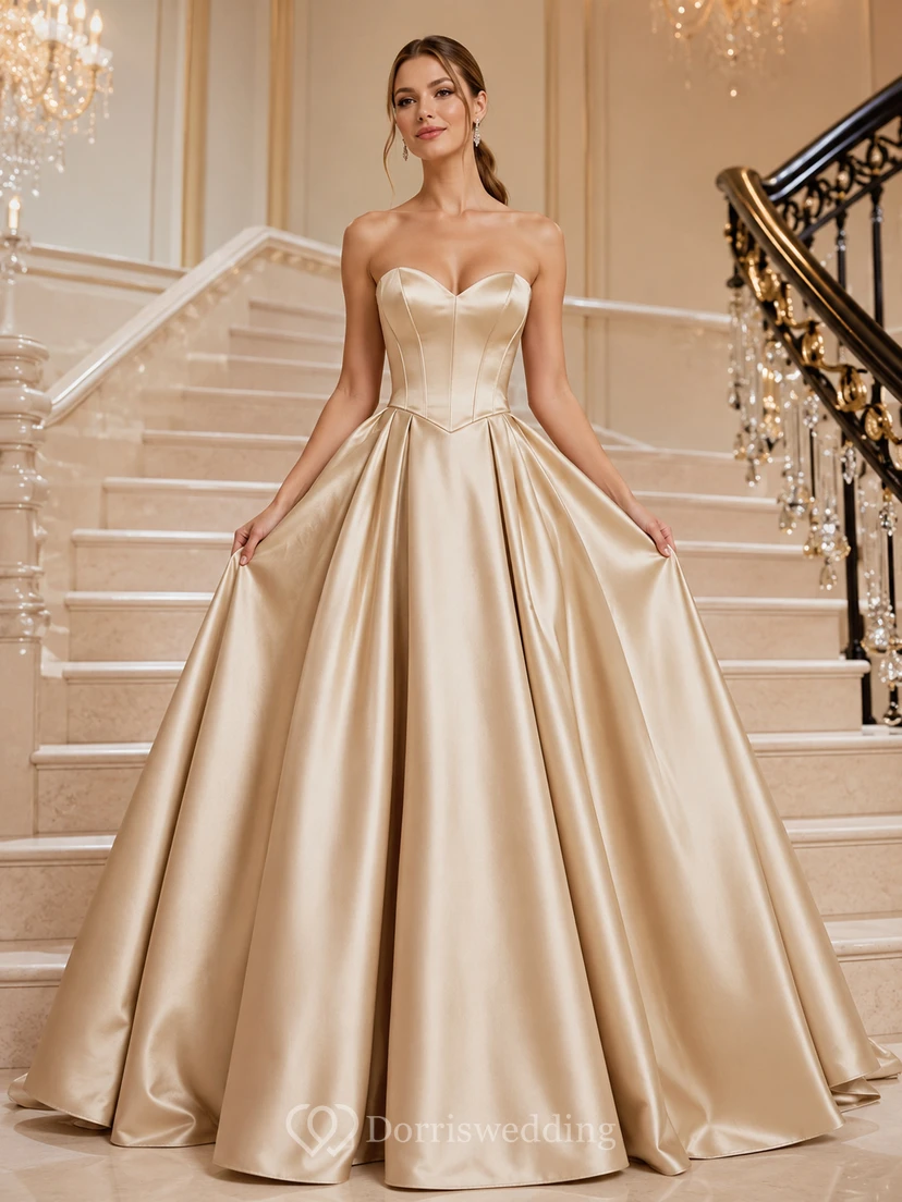 Champagne Strapless Sweetheart Satin Ball Gown Pleated Floor Length Prom Dress