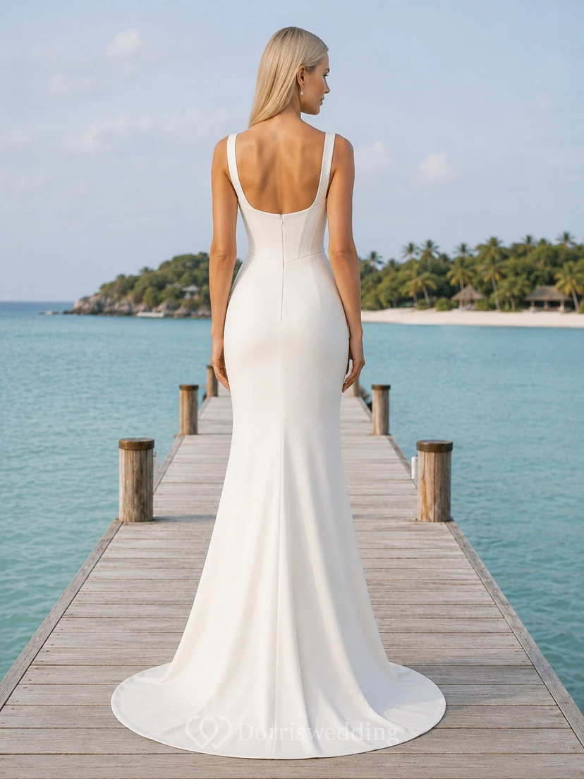 Robe de mariée sirène en satin satiné, coupe sirène, col carré et bretelles larges, style minimaliste, idéale pour la plage. Dos échancré et traîne. view 2