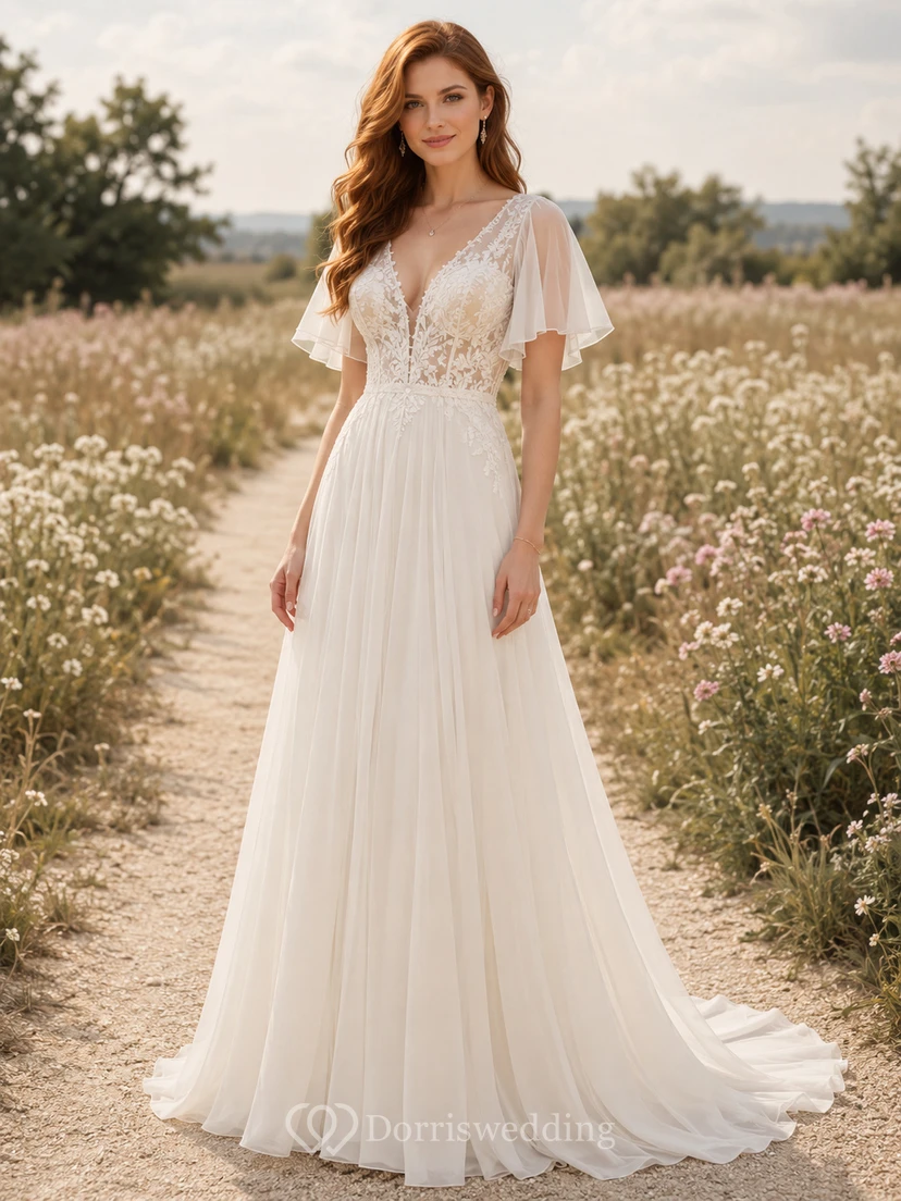 Robe de mariée en tulle, coupe trapèze, col en V, sans manches, traîne chapelle