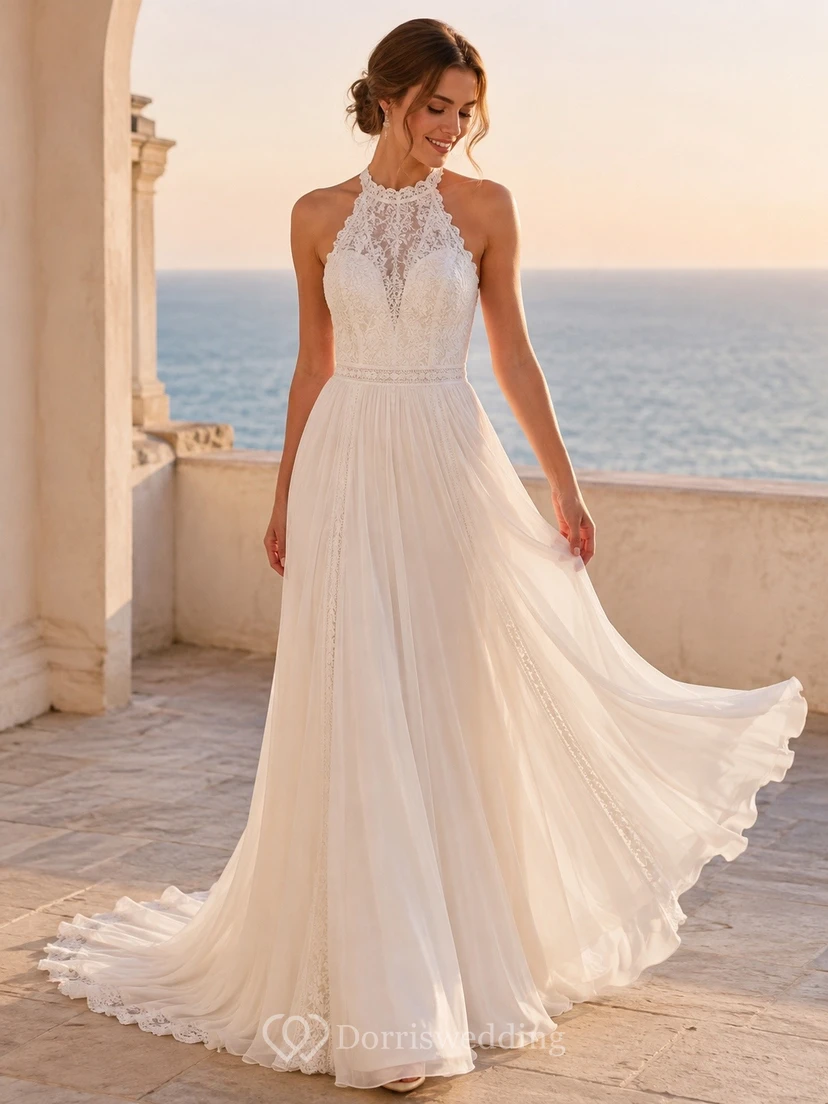 Vestido de novia de corte A con encaje floral y escote halter, cola larga