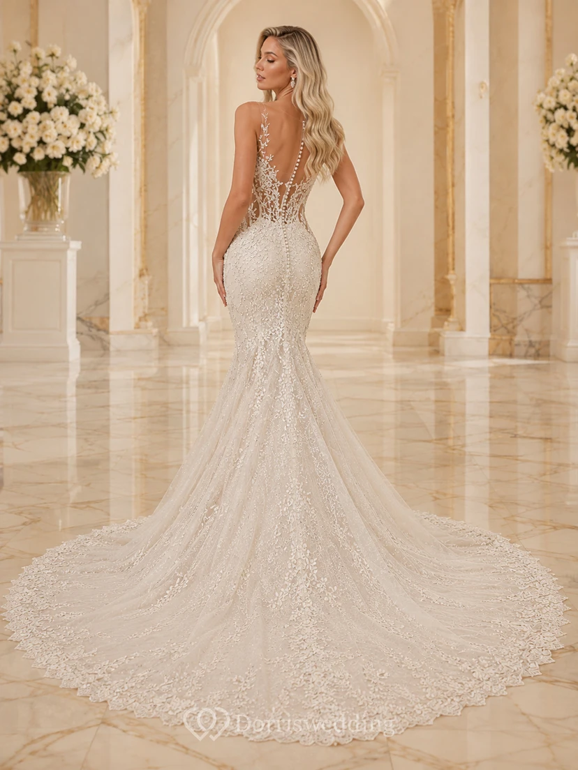 Robe de mariée sirène en dentelle botanique, col en V, sans manches, traîne cathédrale view 2