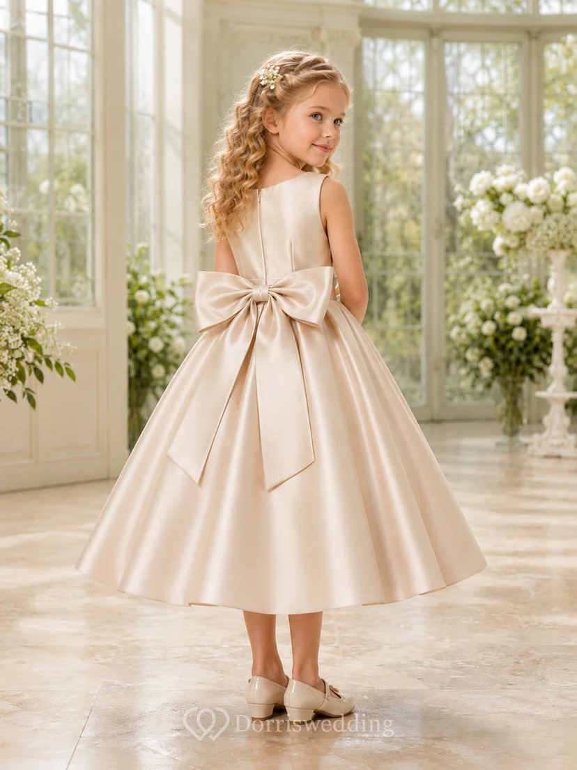Blumenmädchenkleid aus champagnerfarbenem Satin, A-Linie, kurze Ärmel, Rundhalsausschnitt, Teelänge, Schleife am Rücken view 2