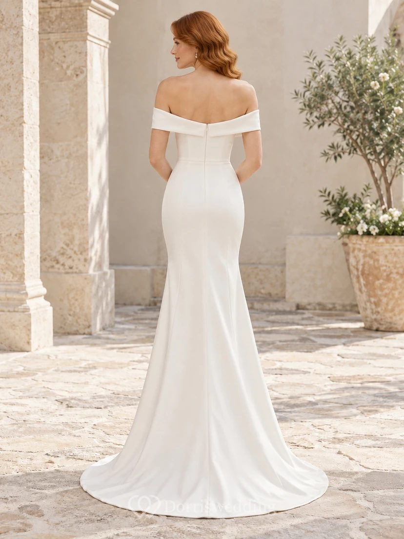 Simple Off Shoulder Satin Fitted Sheath Sweep Train Wedding Dress view 2