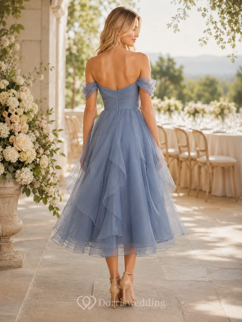 Slate Blue Off Shoulder Layered Organza Midi Guest Dress view 2