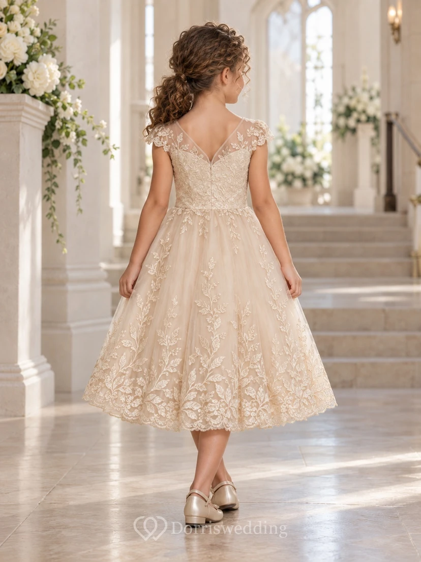 Tea-length Champagne Floral A-line Tulle Cap-sleeve V-neck Scalloped Flower Girl Dress view 2