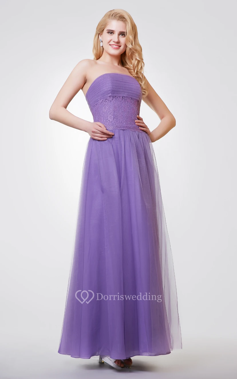 Robe longue bustier trapèze en mousseline et dentelle froncée view 2