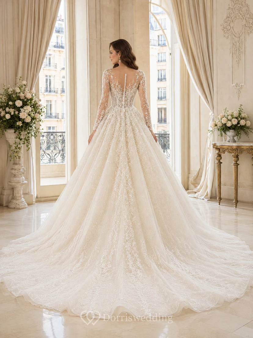 Robe de bal charmante en dentelle et tulle, col en V, manches longues, traîne cathédrale, applications florales, robe de mariée de style champêtre view 2