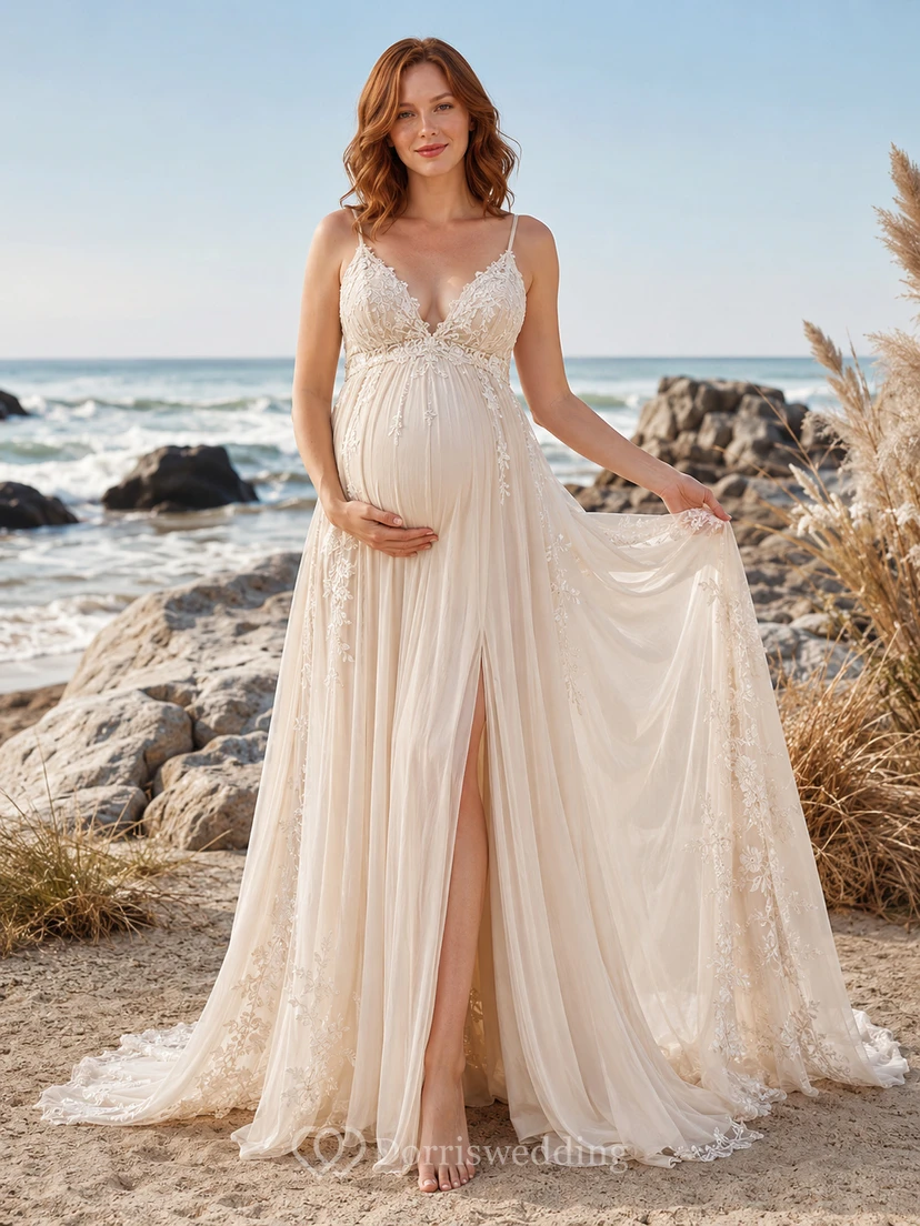 Maternity Wedding Dress Spaghetti Strap Lace Gown with Split Front and Beach Train