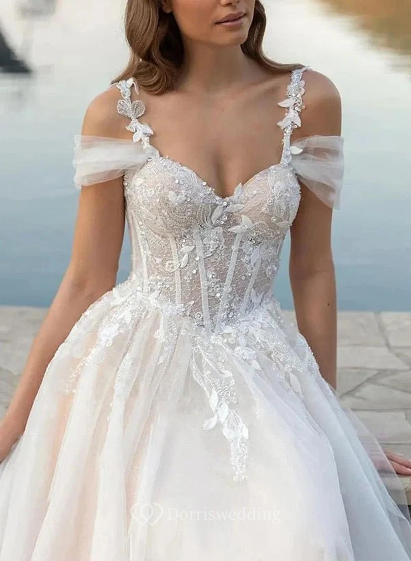 Off-Shoulder Lace Wedding Dress with Sparkles view 3