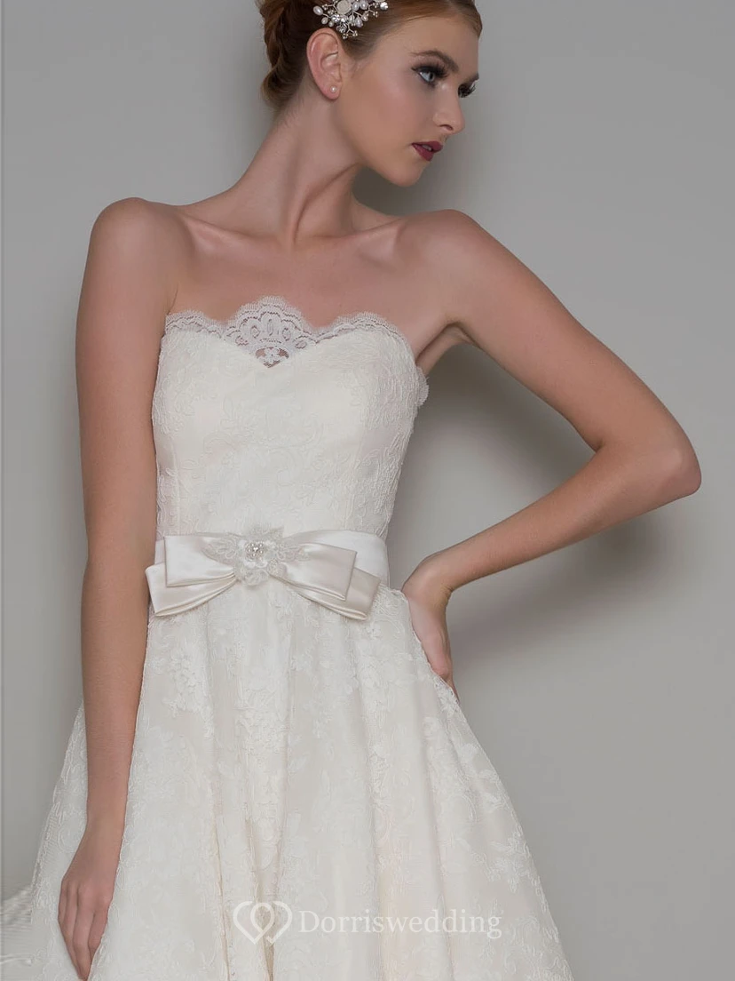 Ankle-Length A-Line Appliqued Strapless Lace Short Wedding Dress With Bow view 3