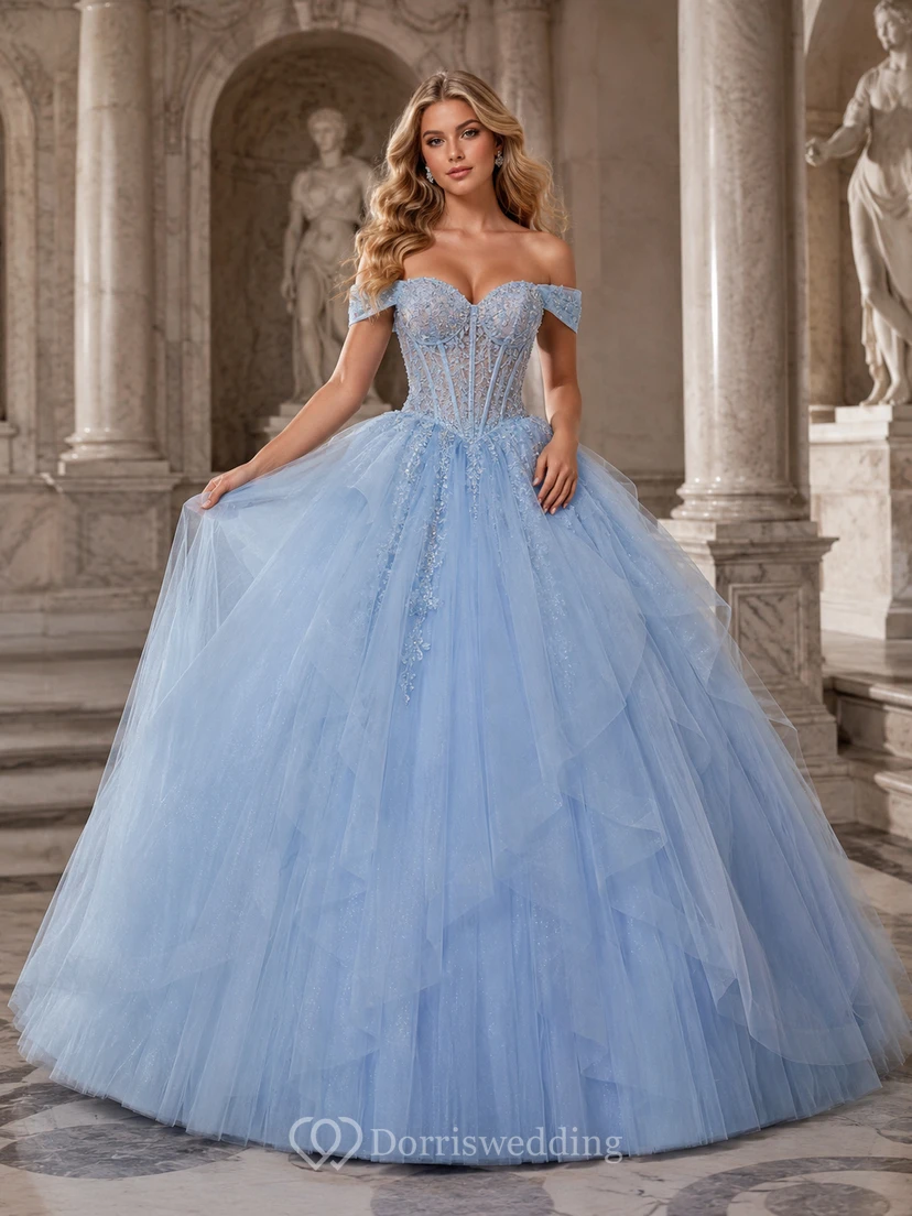 Vestido de gala de princesa de tul vaporoso con escote corazón y hombros descubiertos para quinceañera en el Museo Sky Blue Hall