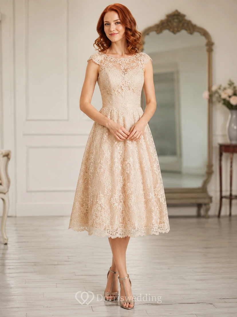 Vintage Salon Champagne A-Line Tea-Length Bateau Short-Sleeve Lace Guest Dress
