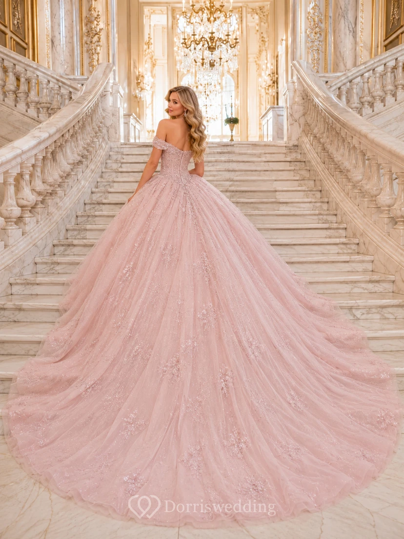 Blush Palace Staircase Off Shoulder Cascading Tulle Quinceanera Princess Cathedral Train Ball Gown view 2