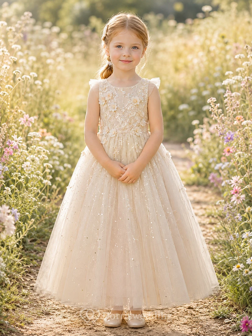 Flower Girl Dress Champagne Lace Tulle Ball Gown Jewel Neck Floor Length