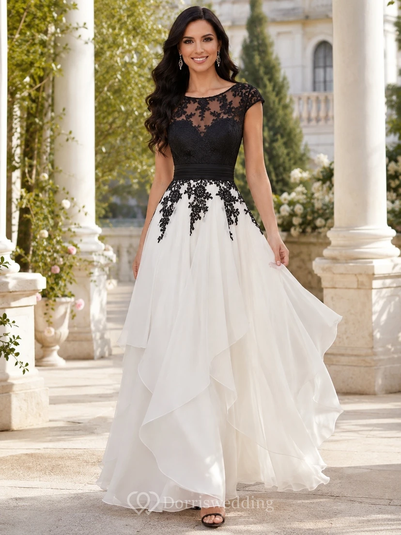 Romantic Black White Tulle A-Line Floor-Length Jewel Neck Cap Sleeve Formal Dress