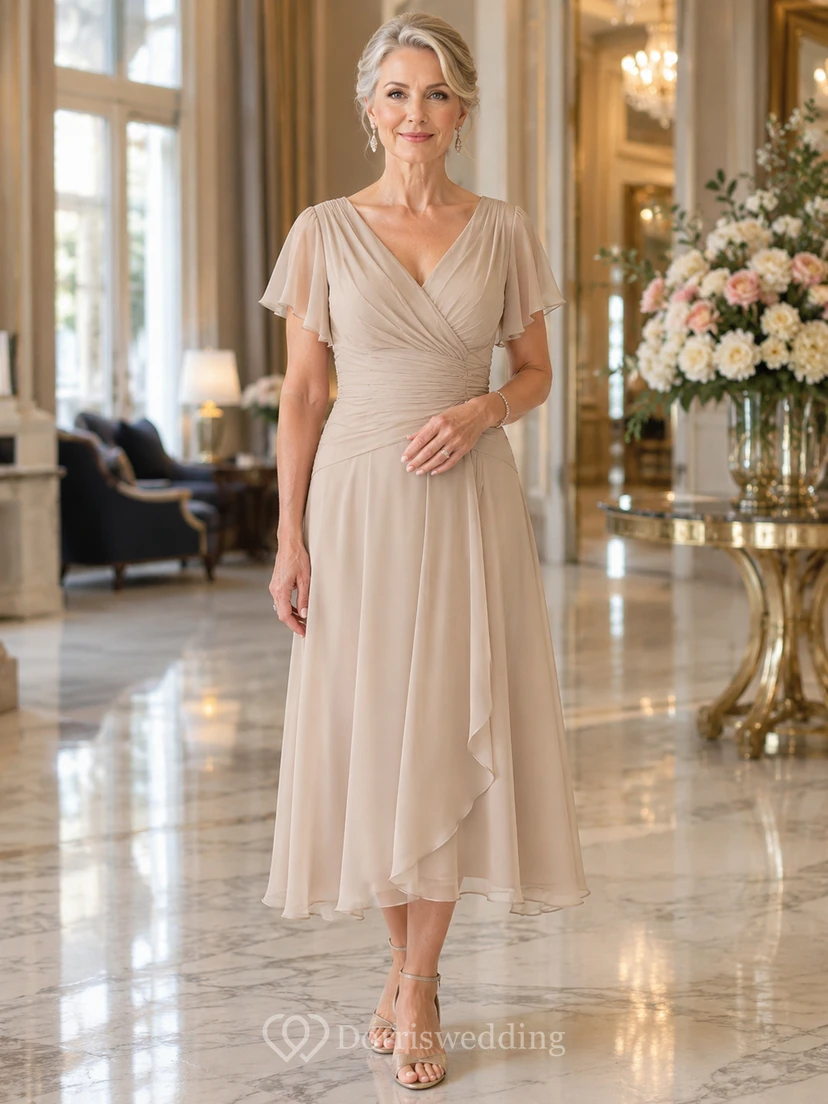 Taupefarbenes, schlichtes, elegantes Chiffonkleid in Teelänge mit V-Ausschnitt, flatternden Ärmeln und asymmetrischem Drapierungseffekt – ideal für die Mutter der Braut.