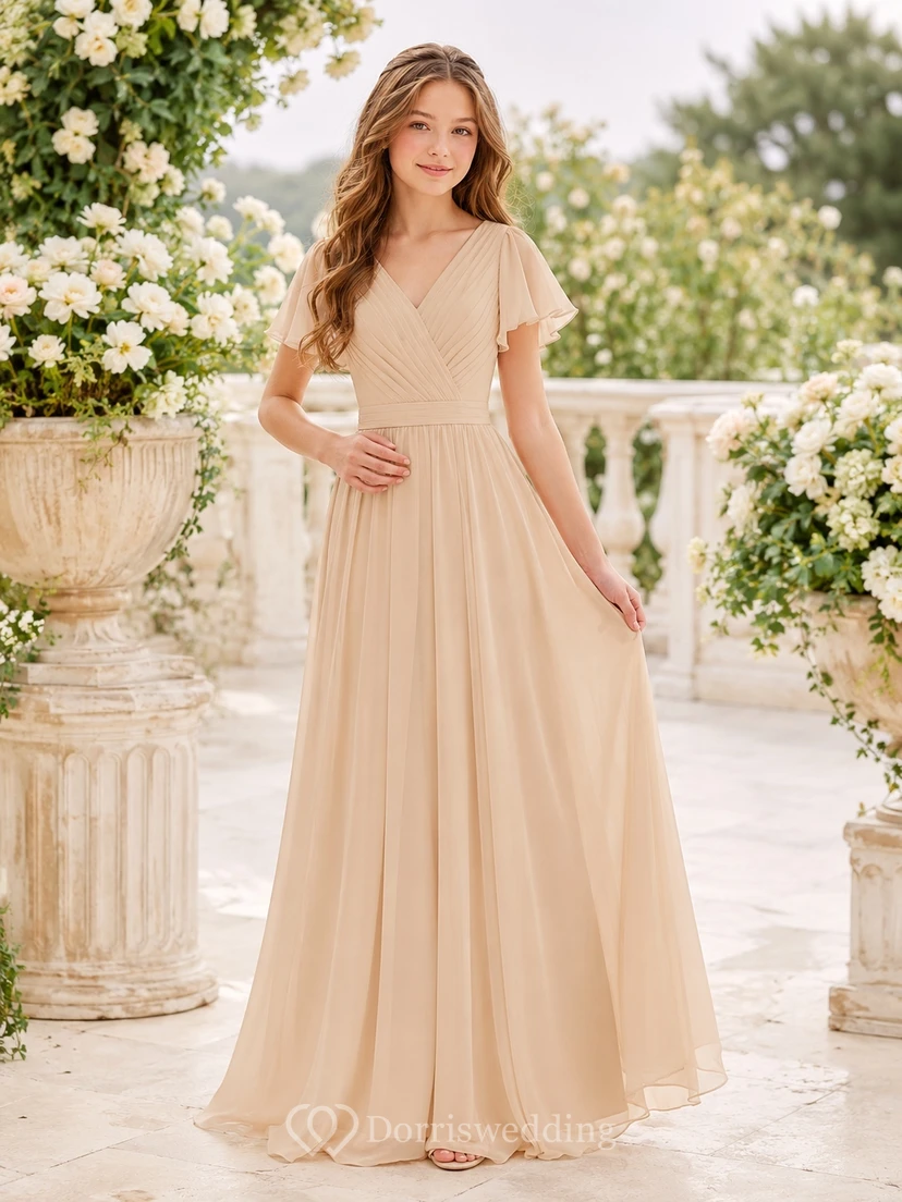 Vestido de dama de honor juvenil color champán, corte en A, escote en V, manga corta, plisado, estilo romántico.