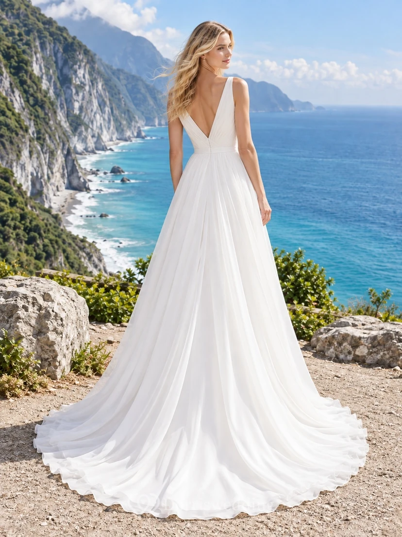 Schlichtes, ärmelloses Chiffon-Brautkleid in A-Linie mit V-Ausschnitt und Schleppe view 2
