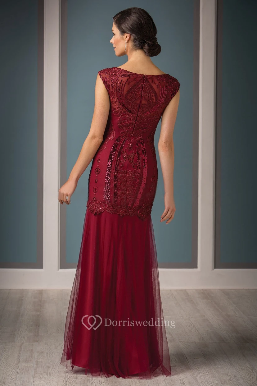 Cap-Sleeved Long Mother Of The Bride Dress With Sequins And Embroidery view 2