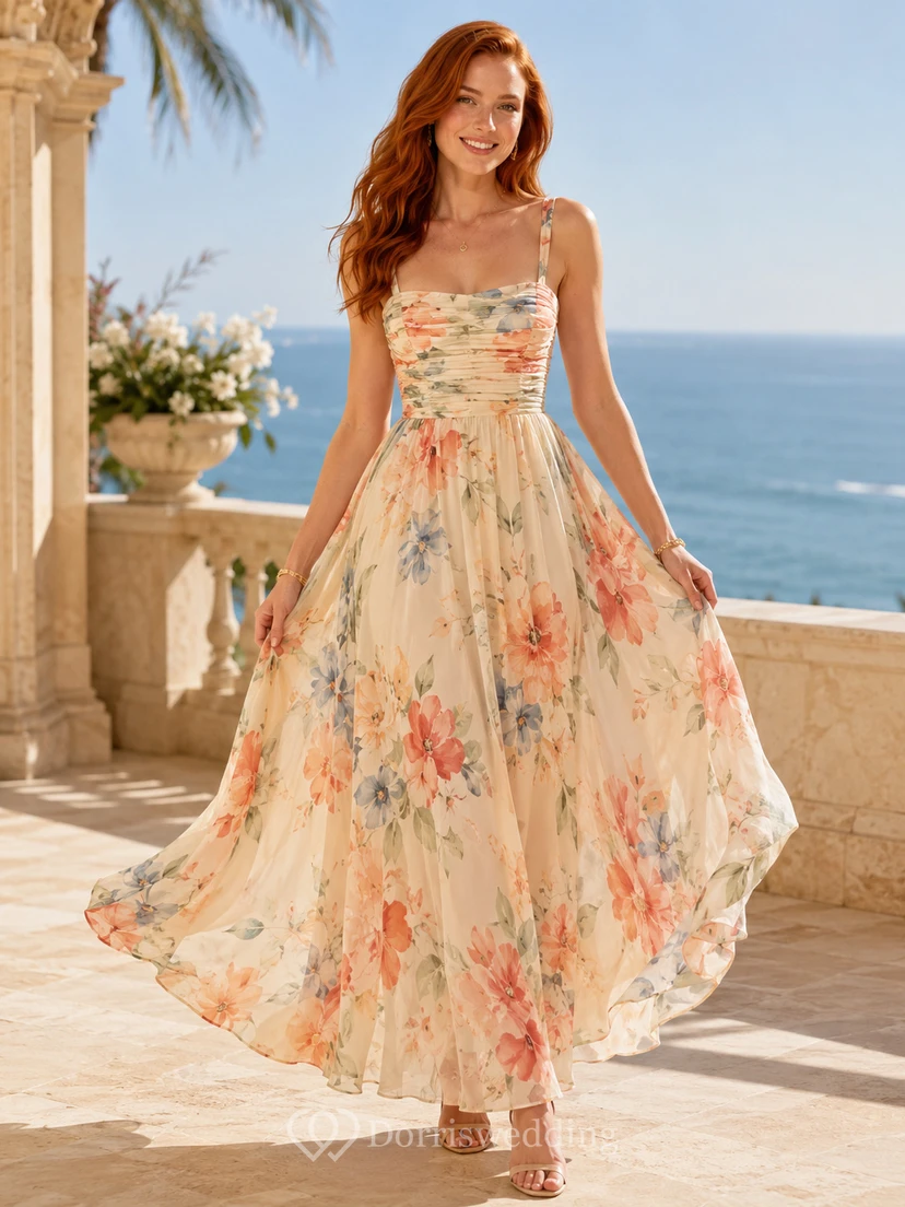 Peach Watercolor Floral Spaghetti Strap Resort Maxi Dress