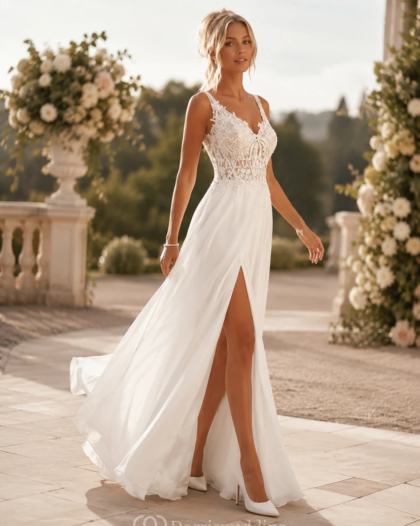 Minimalistisches, schlichtes Strandhochzeitskleid | Lässiges Chiffonkleid für eine intime Hochzeit mit Spitzentop view 2